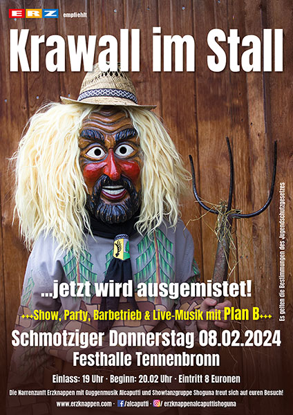 Werbeplakat Erzknappenball 2024 unter dem Motto Krawall im Stall